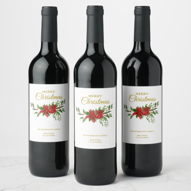 Étiquette Pour Bouteilles De Vin Merry Cristmas Quote with Poinsettias (Bouteilles)