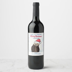 Étiquette Pour Bouteilles De Vin Mignonne Otter portant un chapeau de Père Noël