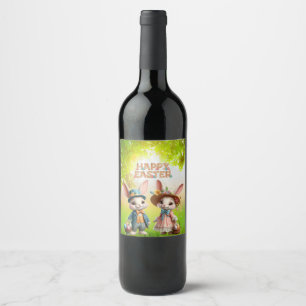 Étiquette Pour Bouteilles De Vin Mignonne, Whimsical Joyeuse Pâques avec 2 lapins