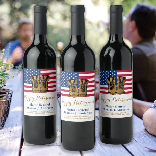 Étiquette Pour Bouteilles De Vin Militaire USA American Flag Boots Retirement Party
