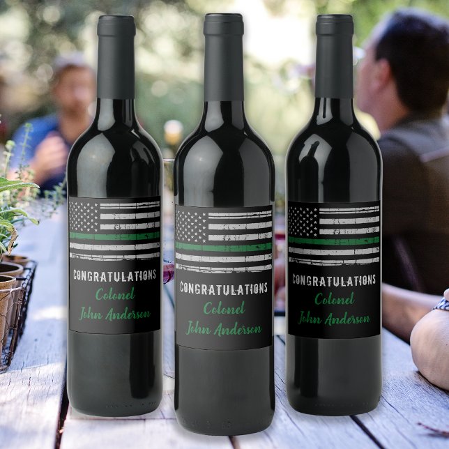 Étiquette Pour Bouteilles De Vin Mince Ligne verte Retraite militaire Félicitations (Créateur téléchargé)