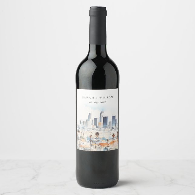 Étiquette Pour Bouteilles De Vin Minimal Los Angeles, Californie Mariage d'aquarell (Devant)