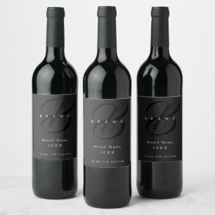 Étiquette Pour Bouteilles De Vin Minimaliste Gris Foncé Noir Élégant Monogramme Ent