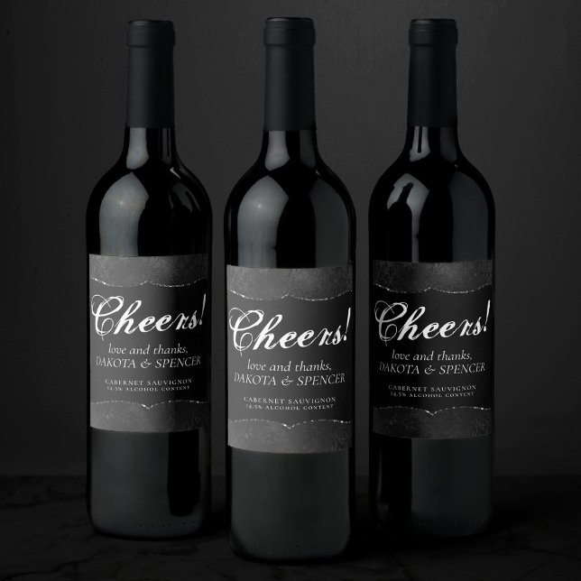 Étiquette Pour Bouteilles De Vin Minuit Onyx Romance | Black Satiny Grunge Damask (Créateur téléchargé)