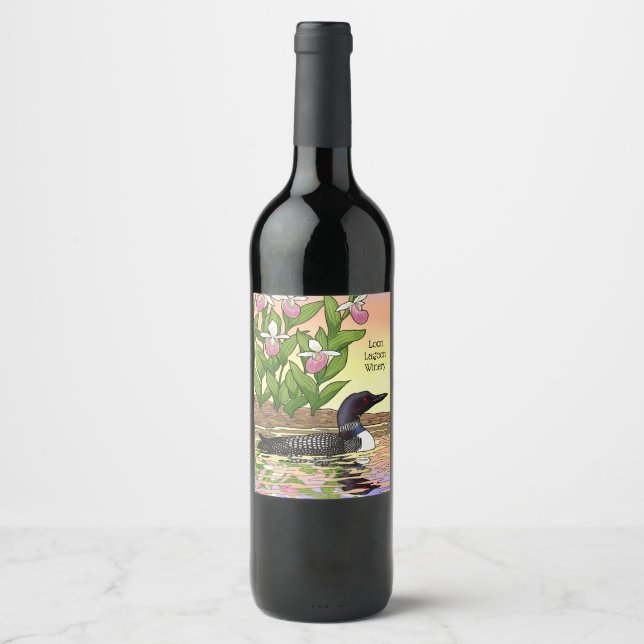 Étiquette Pour Bouteilles De Vin MN State Bird Flower Loon Lady Slipper (Devant)