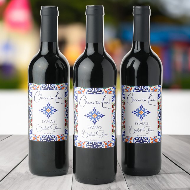 Étiquette Pour Bouteilles De Vin Modèle imprimé en carreaux mexicains (Blue talavera Mexican tiles Spanish bridal shower printed template Wine Label personalized tableware)