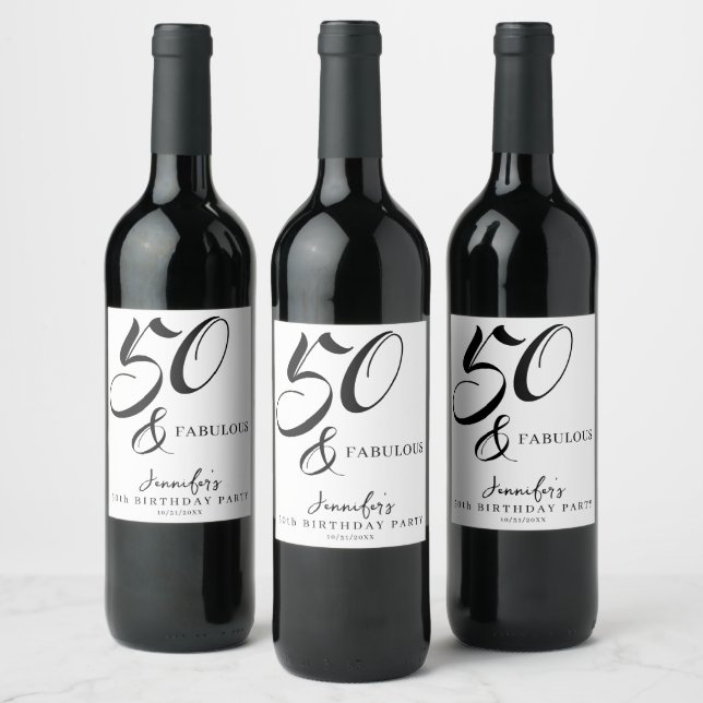 Étiquette Pour Bouteilles De Vin Modern Elegant Black White Fifty Fabulous Birthday (Bouteilles)