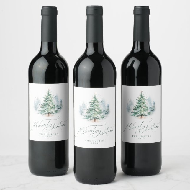 Étiquette Pour Bouteilles De Vin Modern Script Pine Tree Merriest Christmas (Bouteilles)