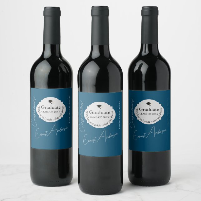 Étiquette Pour Bouteilles De Vin Moderne Bleu Diplômé Félicitations Diplôme (Bouteilles)