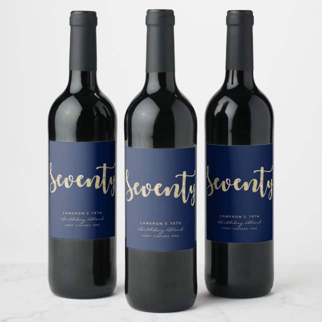 Étiquette Pour Bouteilles De Vin Moderne Blue & Gold 70e anniversaire Personnalisé (Bouteilles)