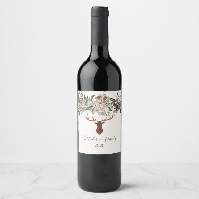 Étiquette Pour Bouteilles De Vin Moderne feuillage fleuri rustique vacances de cerf (Devant)