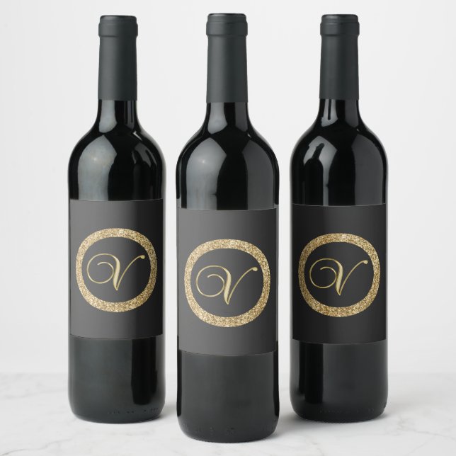 Étiquette Pour Bouteilles De Vin Monogram V, élégant script doré (Bouteilles)