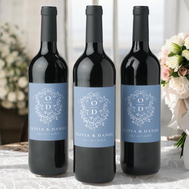 Étiquette Pour Bouteilles De Vin Monogramme bleu foncé Mariage Floral Crest (Créateur téléchargé)