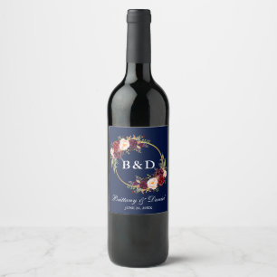 Étiquette Pour Bouteilles De Vin Monogramme bleu Mariage de couronne florale de Bou