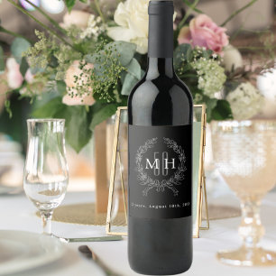 Étiquette Pour Bouteilles De Vin Monogramme d'argent noir 25e anniversaire mariage