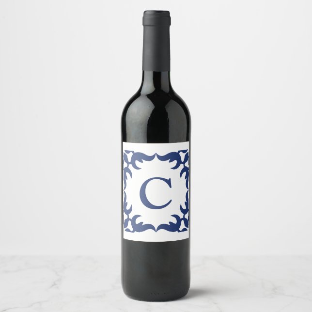 Étiquette Pour Bouteilles De Vin Monogramme de cadre bleu et blanc (Devant)