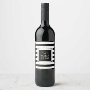 Étiquette Pour Bouteilles De Vin Monogramme de nom de famille rayé noir et blanc