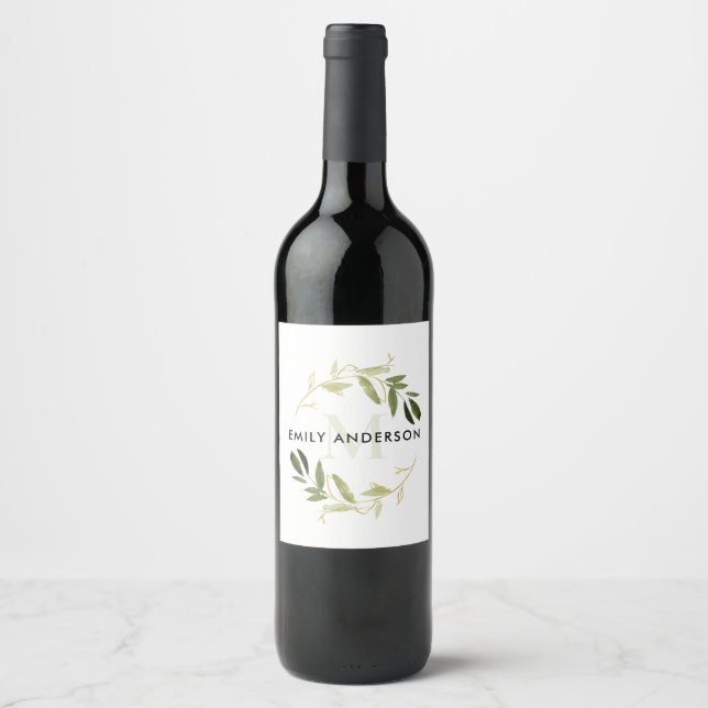 ÉTIQUETTE POUR BOUTEILLES DE VIN MONOGRAMME D'EAU DE COULEUR VERT D'OR FOLIAGE (Devant)