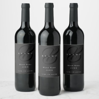 Étiquette Pour Bouteilles De Vin Monogramme Élégant Minimaliste Gris Foncé Noir de 