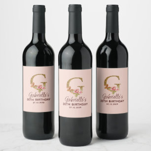 Étiquette Pour Bouteilles De Vin Monogramme en or de la lettre G Roses roses blush