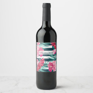 Étiquette Pour Bouteilles De Vin monogramme floral d'été exotique rayé