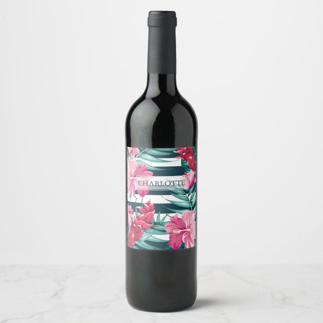 Étiquette Pour Bouteilles De Vin monogramme floral d'été exotique rayé (Devant)