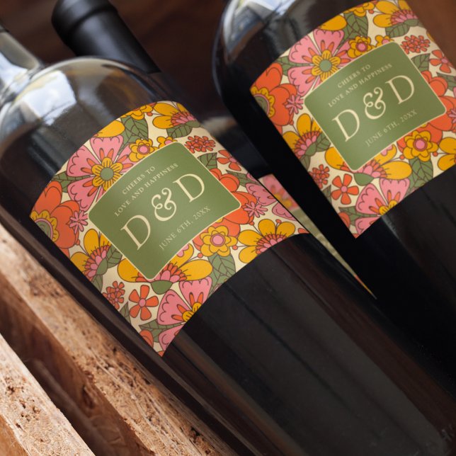 Étiquette Pour Bouteilles De Vin Monogramme Floral Motif Rétro Boho les années 70 M (Créateur téléchargé)