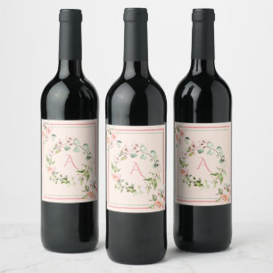 Étiquette Pour Bouteilles De Vin Monogramme floral rose vif Mariage Élégant Vin La