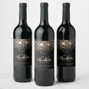 Étiquette Pour Bouteilles De Vin Monogramme initiales de douche de mariée noir or p