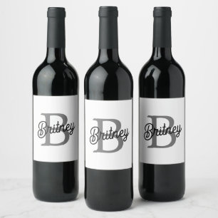 Étiquette Pour Bouteilles De Vin Monogramme moderne élégant Nom noir Gris noir Scri