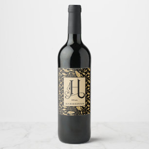 Étiquette Pour Bouteilles De Vin Monogramme Motif noir et feuille d'or classique