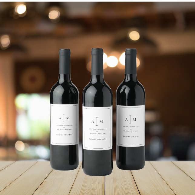 Étiquette Pour Bouteilles De Vin Monogramme noir blanc minimum Mariage simple front (Créateur téléchargé)