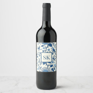 Étiquette Pour Bouteilles De Vin Monogramme personnalisé Chinoiserie Bleu et blanc