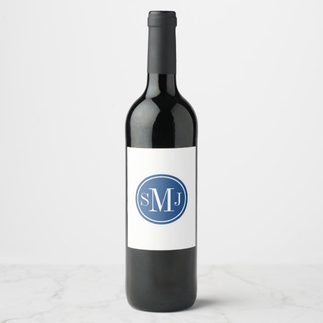 Étiquette Pour Bouteilles De Vin Monogramme personnalisé et bleu classique (Devant)