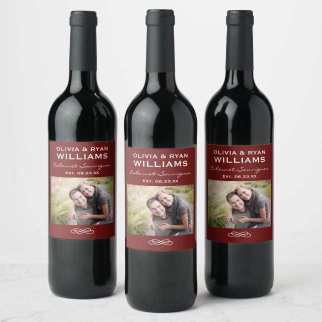 Étiquette Pour Bouteilles De Vin Monogramme photo Mariage rouge foncé rustique (Bouteilles)