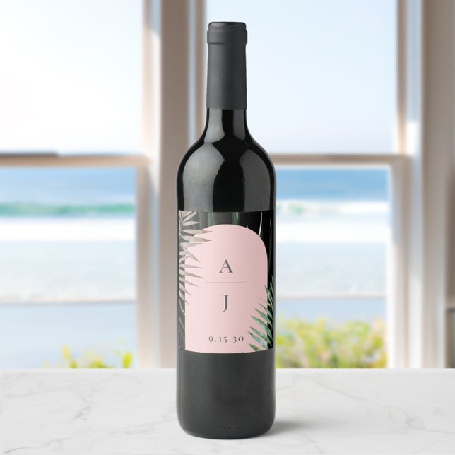 Étiquette Pour Bouteilles De Vin Monogramme Tropical Blush Pink Arch Feuilles (Créateur téléchargé)