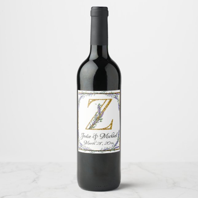 Étiquette Pour Bouteilles De Vin Monogramme Z, Lavande Eucalyptus, étincelle dorée (Devant)