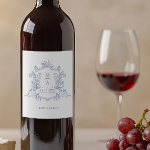 Étiquette Pour Bouteilles De Vin Monogrammes de poitrine fleurie bleu classique Mar