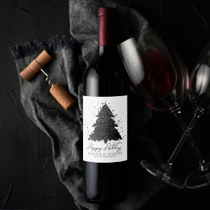 Étiquette Pour Bouteilles De Vin Moody Joyeux Noël Arbre à charbon argenté Onyx