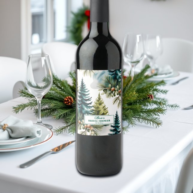 Étiquette Pour Bouteilles De Vin Motif de pin aquarelle Mariage d'hiver (Créateur téléchargé)