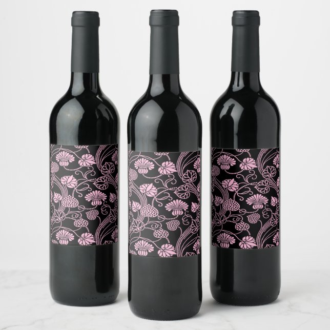 Étiquette Pour Bouteilles De Vin Motif floral rétro rose sur fond noir (Bouteilles)
