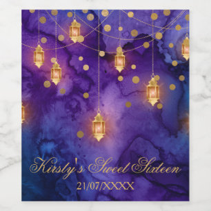 Étiquette Pour Bouteilles De Vin Mystic Purple Blue Lanterns Bokeh Lights Sweet 16
