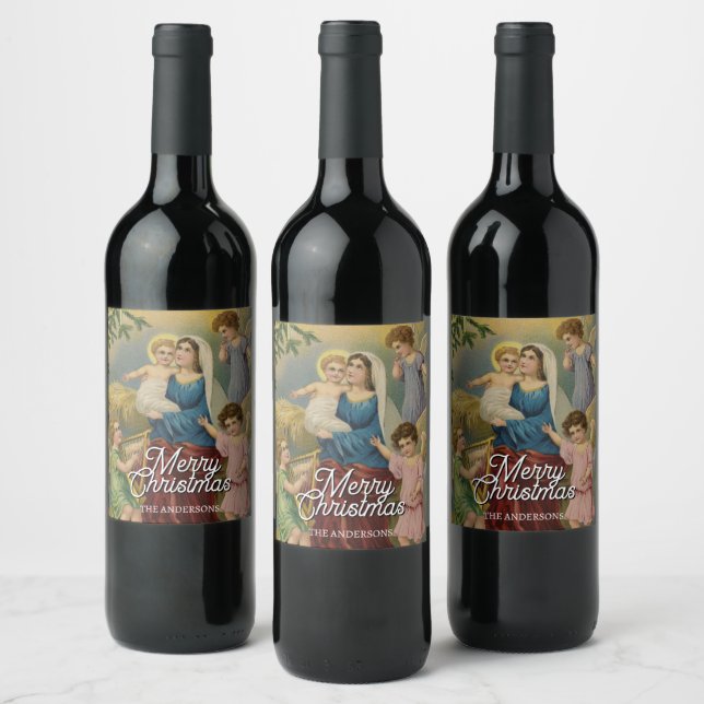 Étiquette Pour Bouteilles De Vin Nativité classique Marie Bébé Jésus Anges (Bouteilles)