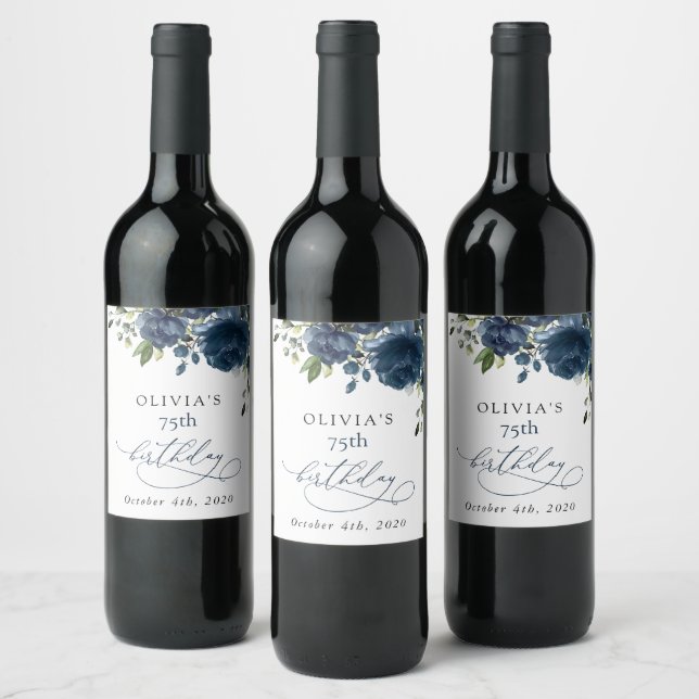 Étiquette Pour Bouteilles De Vin Navy Blue Flowers, Greenery, Boho, Birthday (Bouteilles)