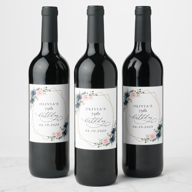 Étiquette Pour Bouteilles De Vin Navy Blue Flowers, Pink Flowers, Boho, Birthday (Bouteilles)