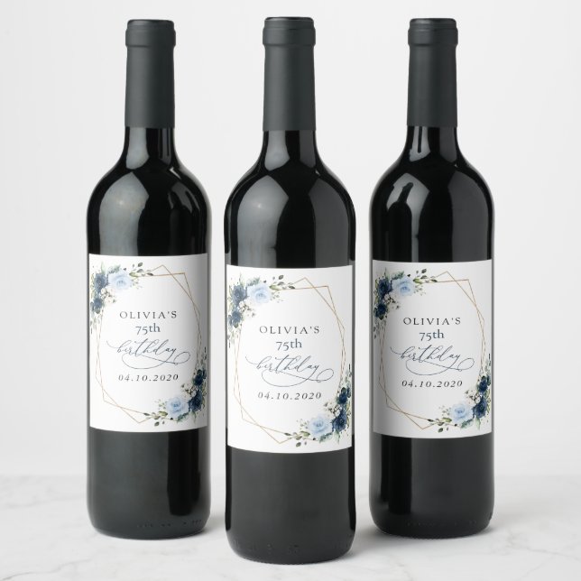 Étiquette Pour Bouteilles De Vin Navy Flowers, Blue Flowers, Greenery, Birthday (Bouteilles)