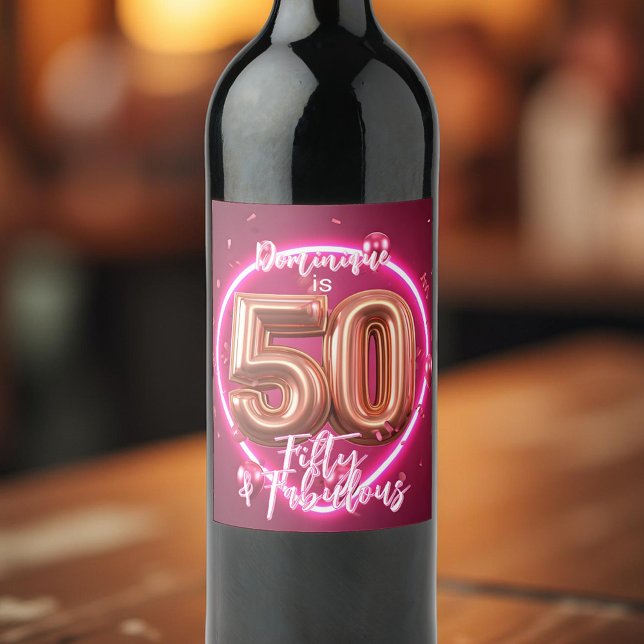 Étiquette Pour Bouteilles De Vin Neon Glam Rose Gold Balloons 50e anniversaire (Créateur téléchargé)