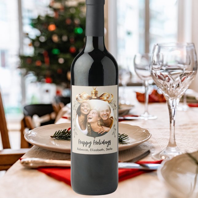 Étiquette Pour Bouteilles De Vin Noël beige or amis photo fête (Créateur téléchargé)