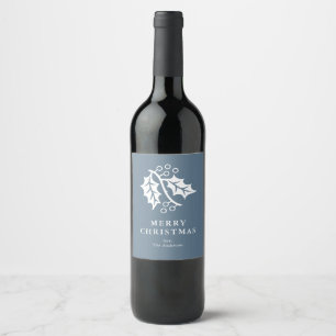 Étiquette Pour Bouteilles De Vin Noël bleu Holly et Berries