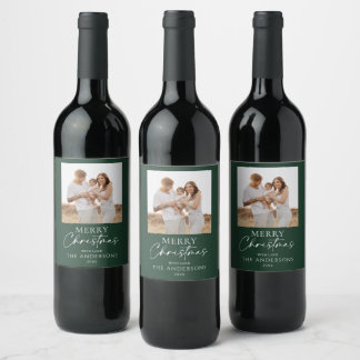 Étiquette Pour Bouteilles De Vin Noël de photo de famille verte moderne personnalis